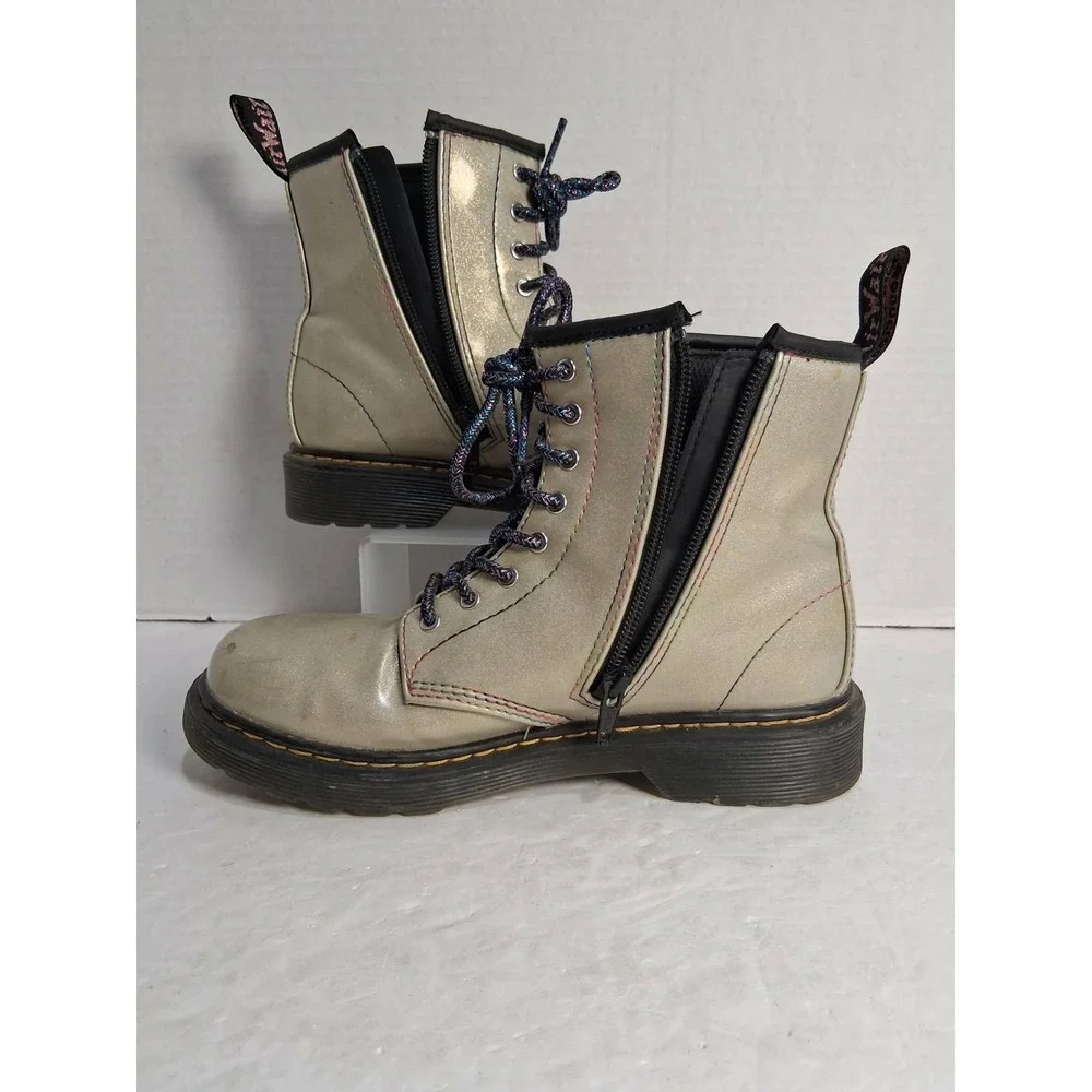Dr Martens Kids Glitter Lace Up Zip Combat‎ Boots Silver Size US 4 M READ